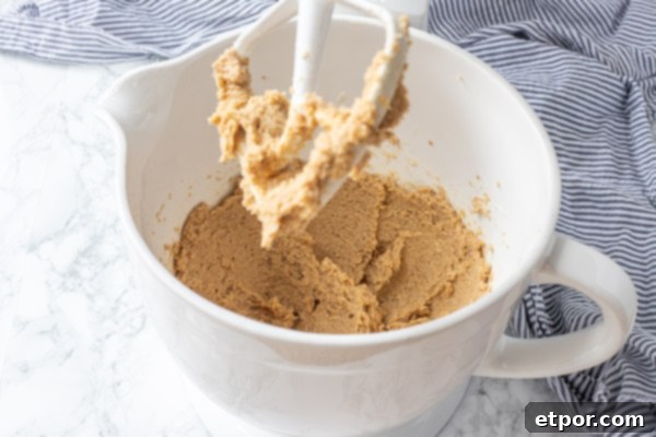 Cultured Chocolate Chip Cookies 5 Softened butter, white sugar, and brown sugar being creamed together in a white ceramic mixing bowl on a stand mixer, forming a light and fluffy mixture.