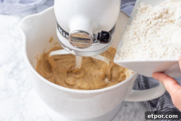 Cultured Chocolate Chip Cookies 7 Dry ingredients, including flour, baking soda, baking powder, and salt, being slowly added to the wet mixture in a stand mixer bowl while on low speed.