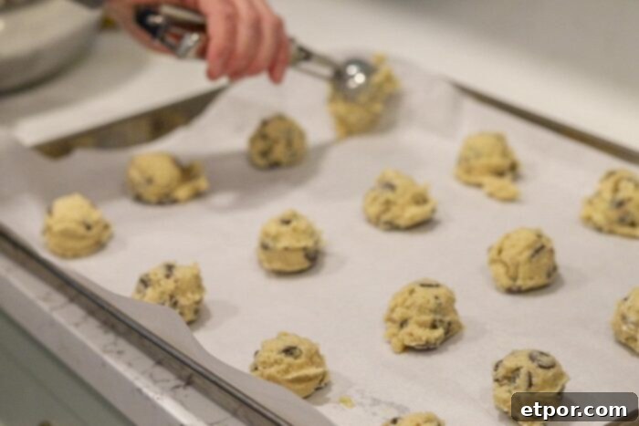 Cultured Chocolate Chip Cookies 9 Scoops of sourdough chocolate chip cookie dough being placed evenly spaced onto a baking sheet lined with parchment paper, ready for baking.