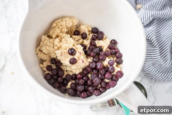 Fresh blueberries being gently folded into scone dough in a white bowl.