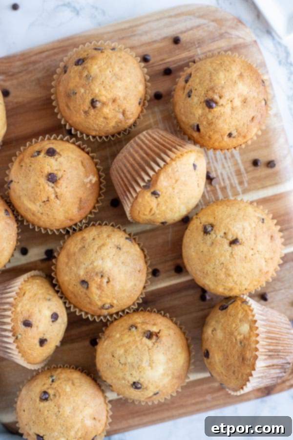 overhead shot of sourdough chocolate chip muffins on a wood cutting board.