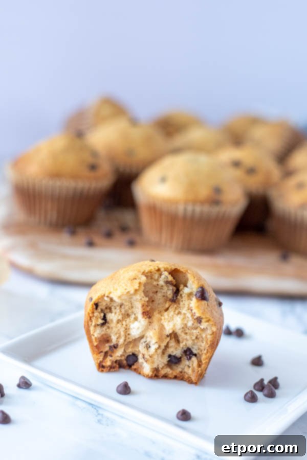 sourdough muffin with a nite taken out on a white plate with chocolate chips