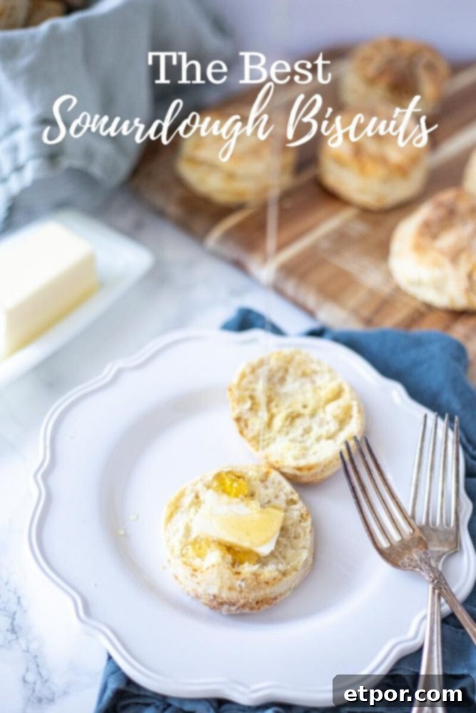 sourdough biscuits split in half with a pat of butter and honey being drizzle on. Biscuit on a white plate with two antique forks on it and a wood cutting board with biscuits in the background