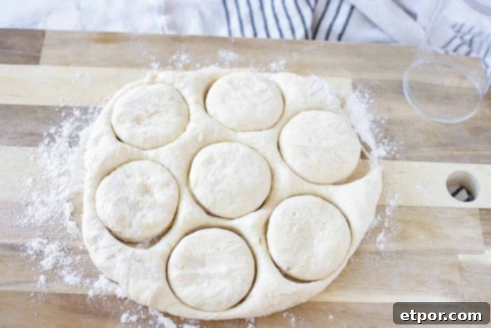 biscuit dough cut into circles on a wood cutting board