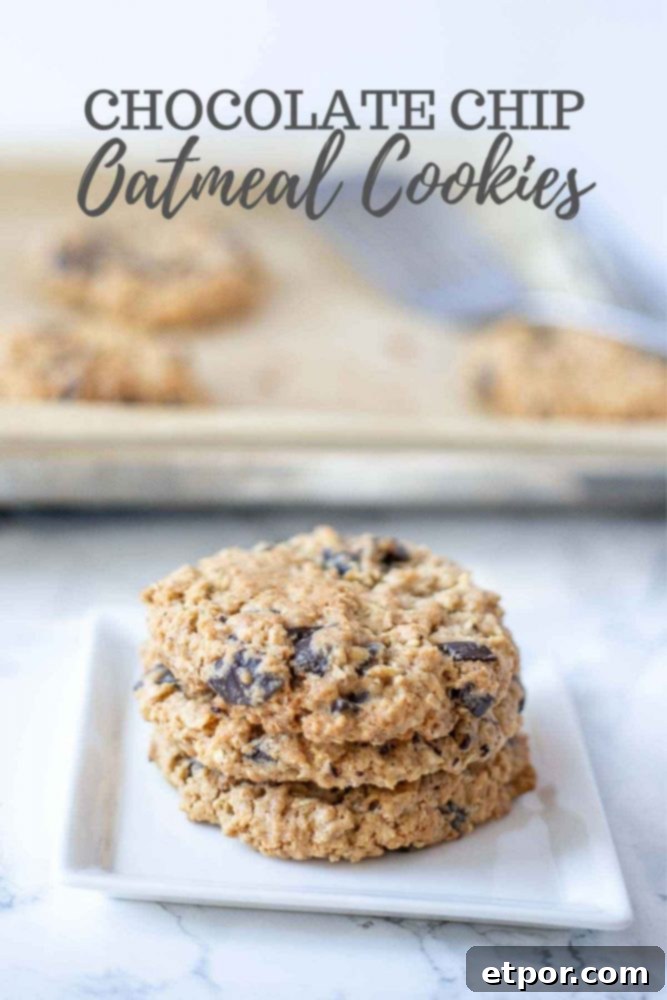 three chocolate chip oatmeal cookies stacked up on a white plate with a pan of cookies in the background