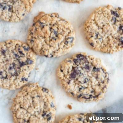 freshly baked oatmeal chocolate chip cookies on parchment paper
