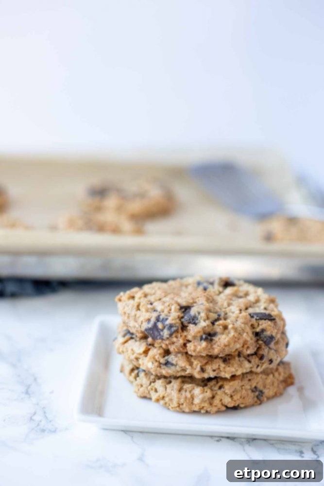 three chocolate chip oatmeal cookies stacked on a white plate
