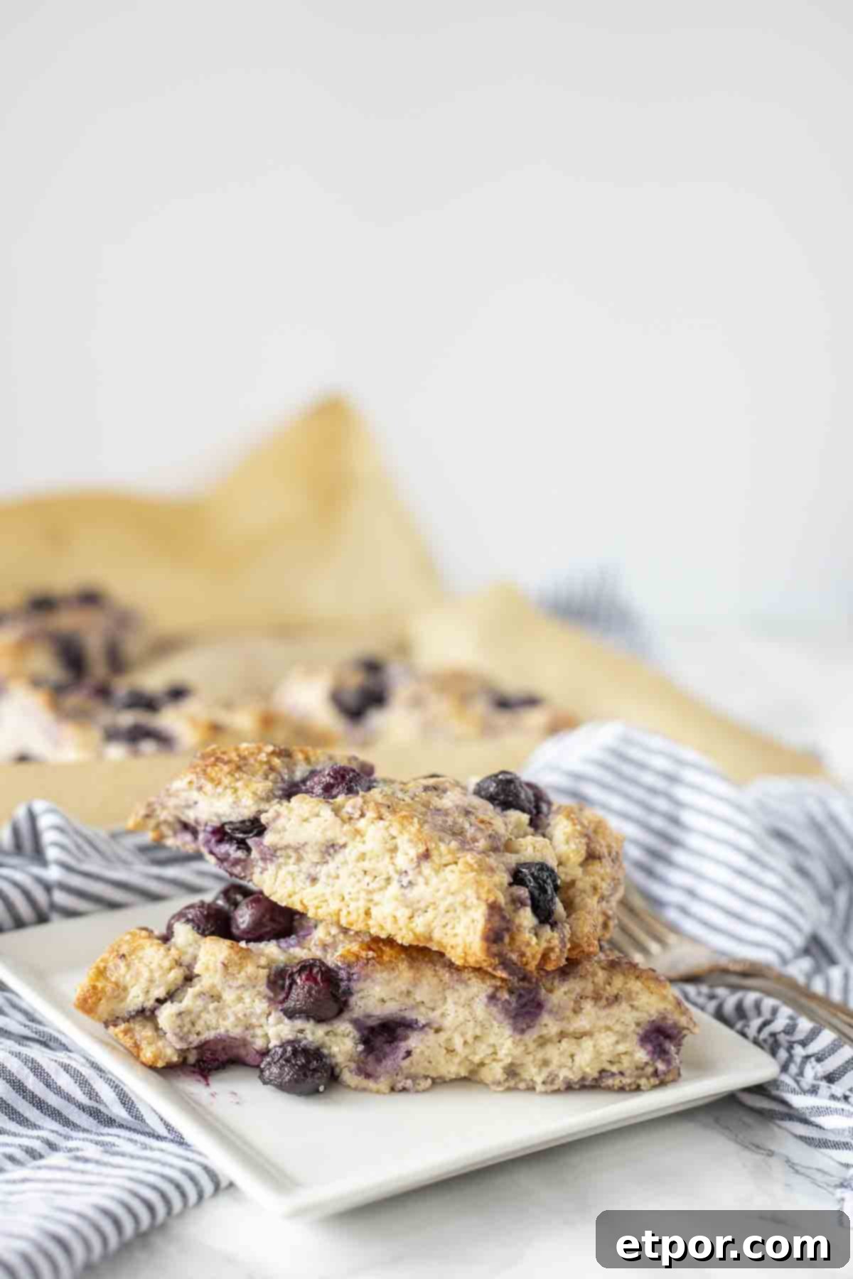 Effortless Sourdough Blueberry Scones 2 Two golden-brown sourdough blueberry scones, lightly glazed, stacked on a white plate, showcasing their fluffy interior and juicy blueberries.