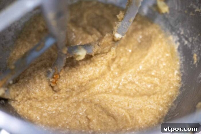 Whipped butter and sugar, mixed with honey, sourdough starter, and egg in a stand mixer bowl.