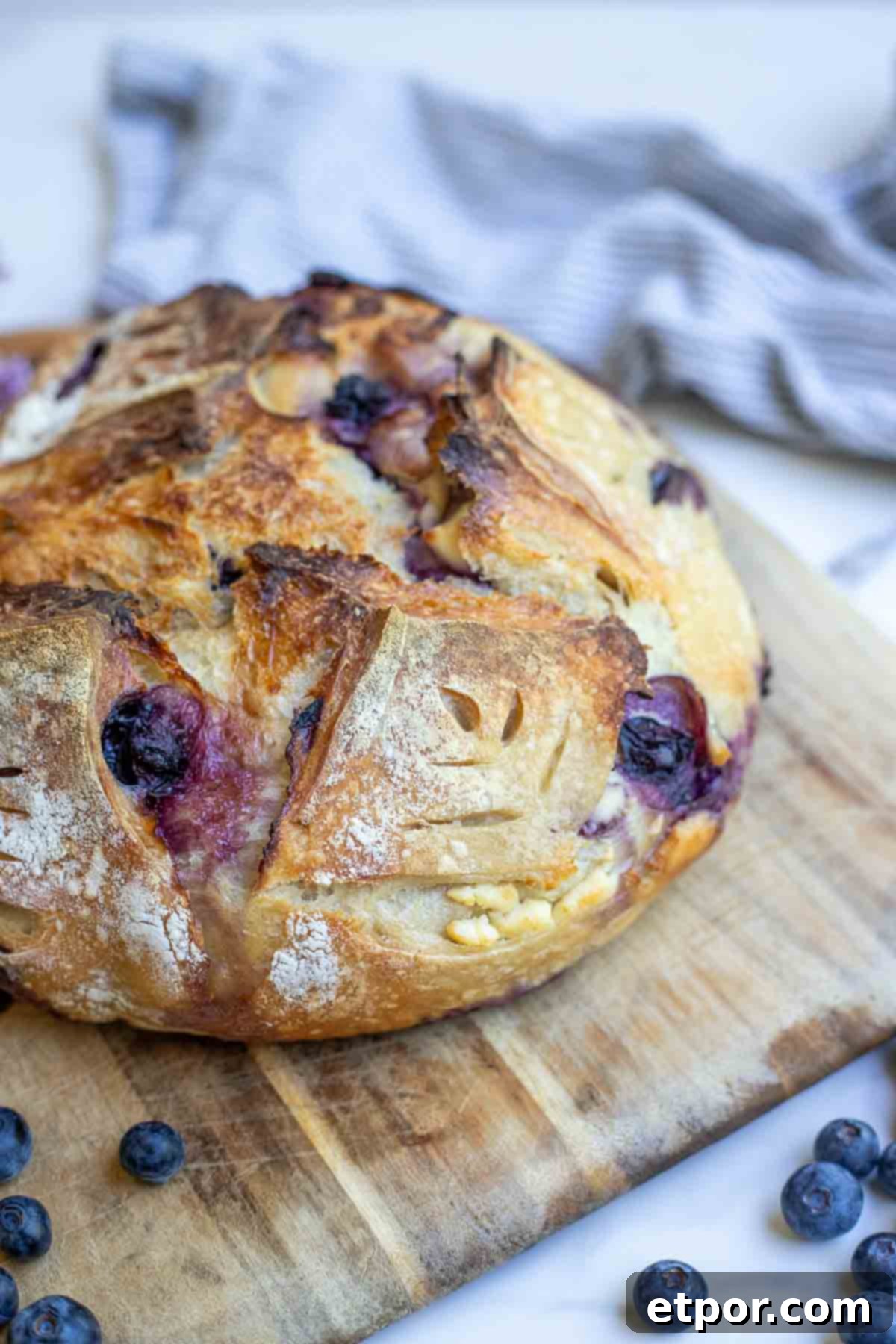 Sourdough blueberry and cream cheese bread on a cutting board surrounded by fresh blueberries.