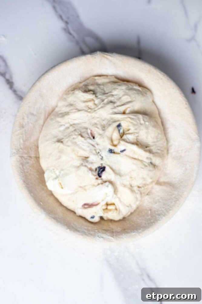 Sourdough blueberry bread in a banneton basket.