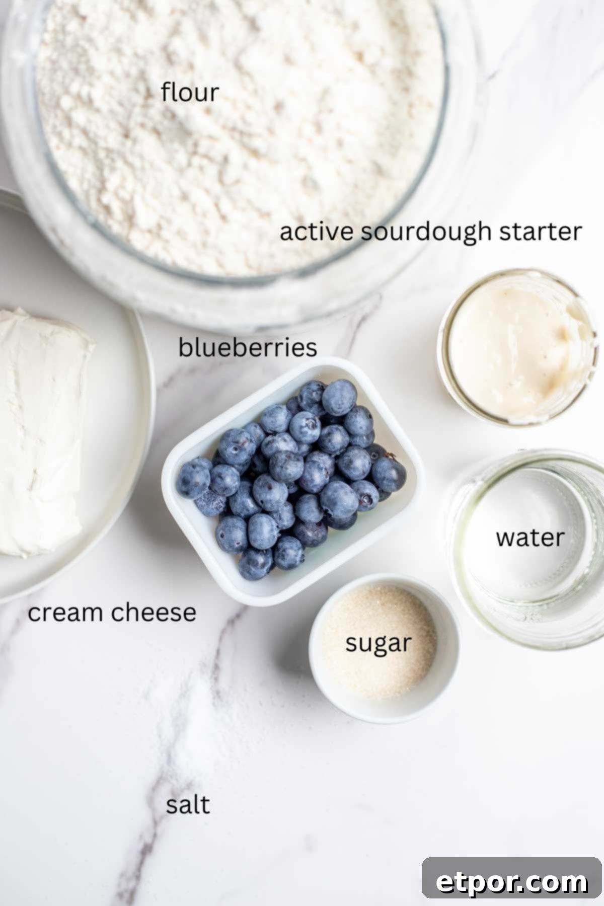 containers of flour, sourdough starter, water sugar, fresh blueberries and a plate with a block of cream cheese on a marble countertop.