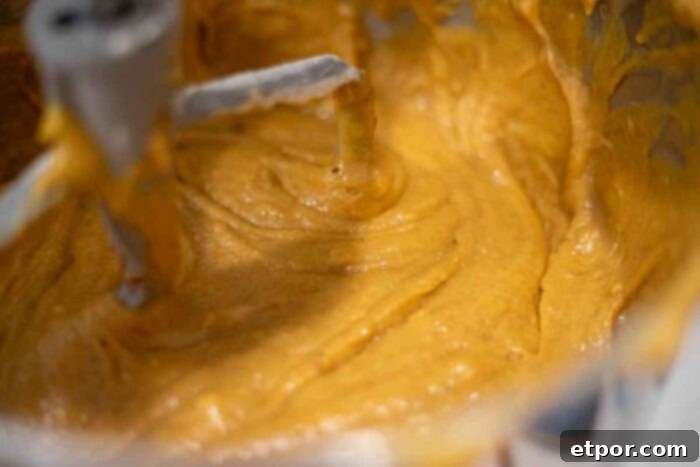 Sourdough pumpkin muffin batter mixed together in a stand mixer bowl.