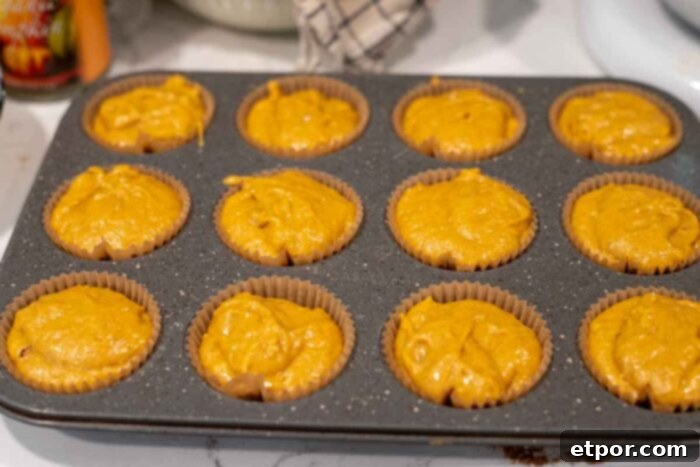 Muffin batter aded to a muffin tin lined with cupcake liners.