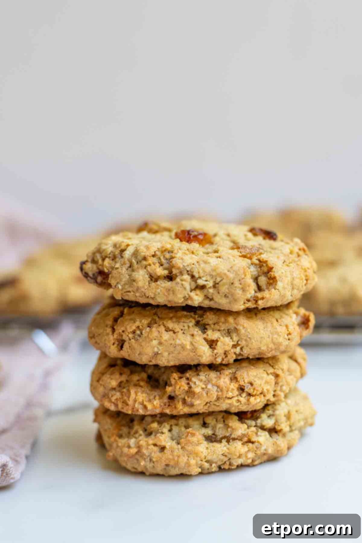 A stack of golden brown sourdough oatmeal cookies on a kitchen countertop, showcasing their inviting texture.