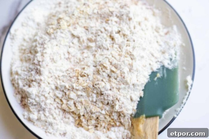 Dry ingredients like oats, flour, cinnamon, salt, and baking soda mixed together in a bowl.