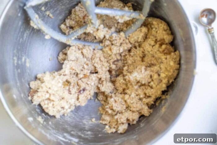 Sourdough oatmeal cookie dough, fully mixed with raisins, resting in a stand mixer bowl.