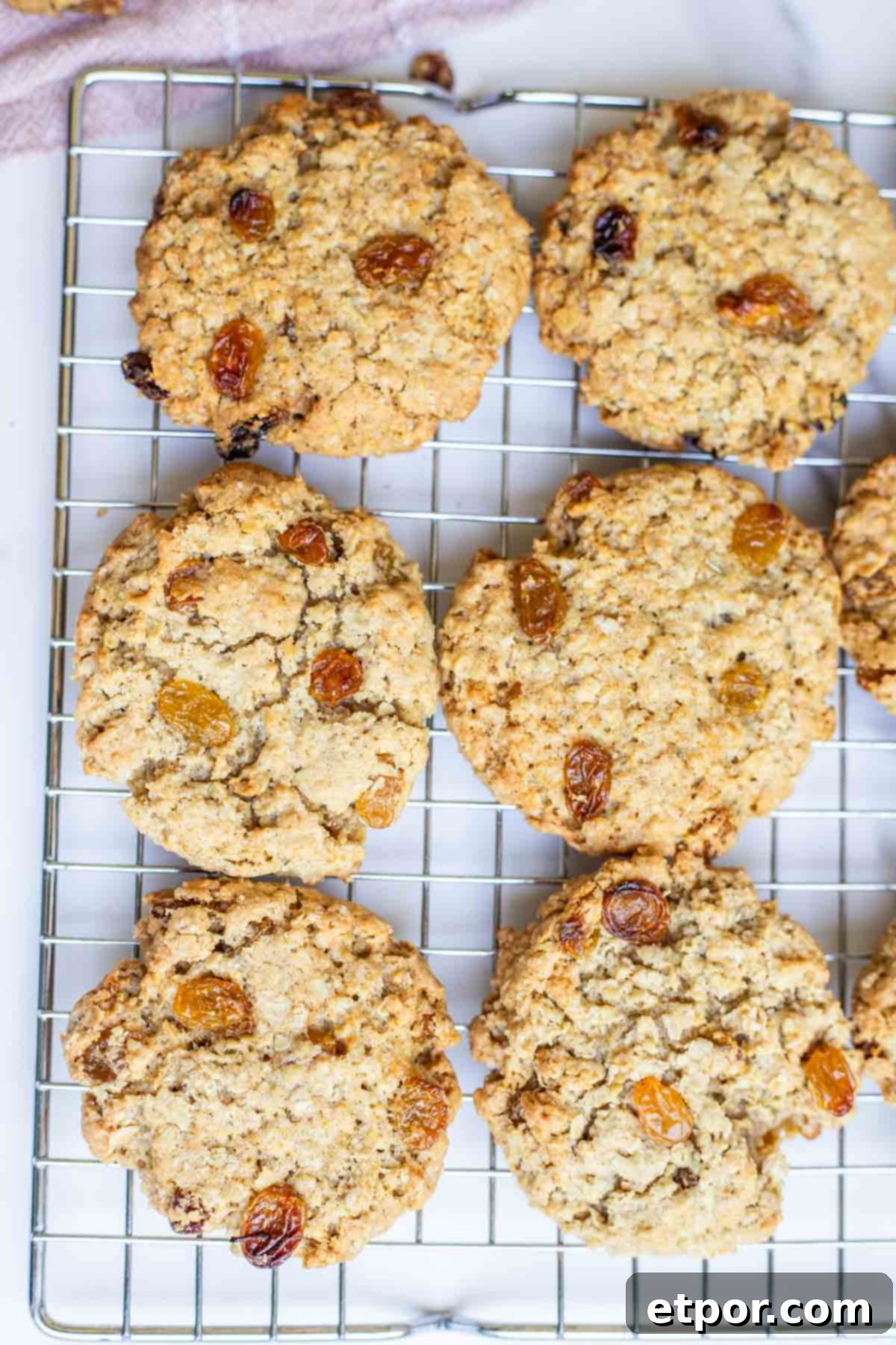 Warm sourdough oatmeal raisin cookies cooling on a wire rack after baking.