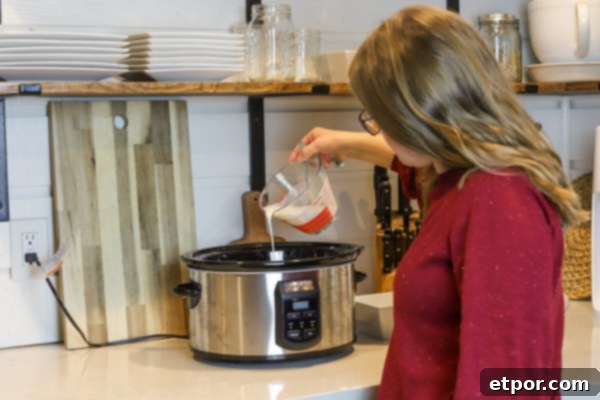 Woman pouring a milk and yogurt starter mixture into a Crock-Pot, a key step for making homemade yogurt.