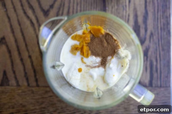 Spiced Pumpkin Pie Bliss Smoothie 8 milk, yogurt, pumpkin spice, pumpkin puree, and banana in a blender