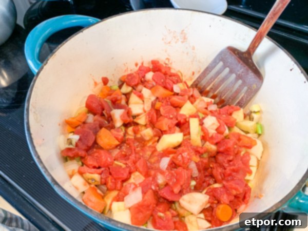 A mix of onions, carrots, potatoes, celery, and diced canned tomatoes in a Dutch oven, ready for the next stage of soup making.