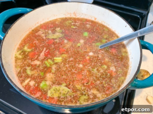 All the core ingredients including onions, carrots, potatoes, canned tomatoes, chicken broth, and spices simmering in a Dutch oven for minestrone soup.