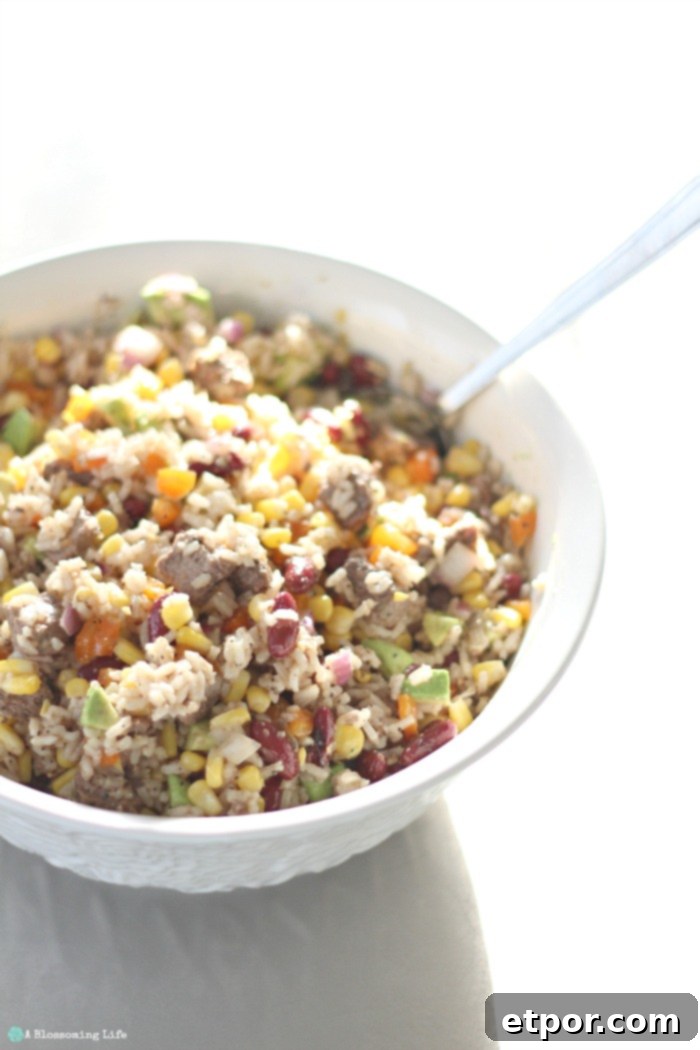 A beautifully presented Steak and Rice Salad in a large bowl, featuring colorful bell peppers, corn, kidney beans, and fresh avocado, with a spoon nestled in the mix.