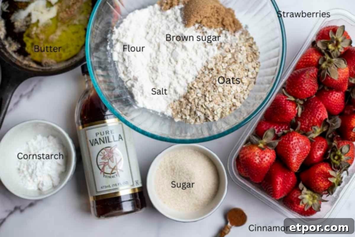 Simple Strawberry Crumble Bliss 3 strawberries, sugar, cornstarch, and other ingredients on a countertop.