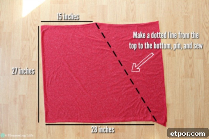 picture of how to cut and sew a DIY nursing cover and infinity scarf, showing fabric orientation and initial cut