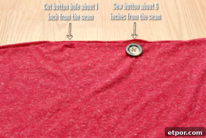 directions on where to place button and button hole on a DIY nursing scarf, illustrating measurements and sewing line