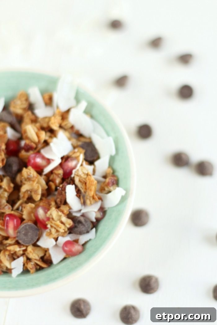 Whip Up Incredible Homemade Granola 4 Half-filled teal bowl showcasing delicious homemade granola, adorned with chocolate chips, vibrant pomegranate seeds, and delicate coconut shavings. More chocolate chips are scattered around the bowl.