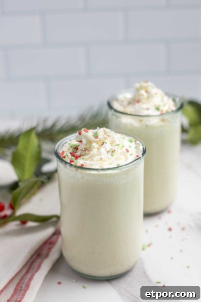 two jars of homemade eggnog topped with whipped cream and red, green, and white sprinkles on a marble countertop with greenery in the background