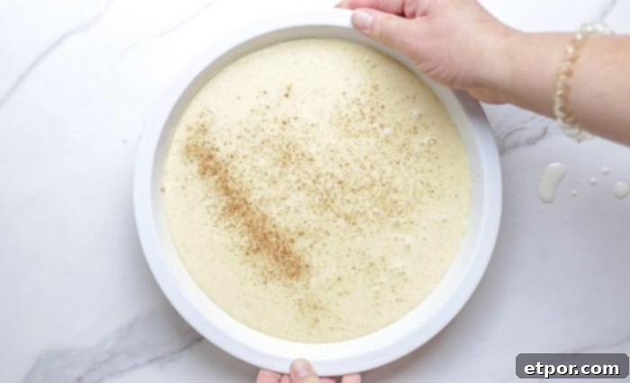 custard base poured into a pie dish and sprinkled with cinnamon.