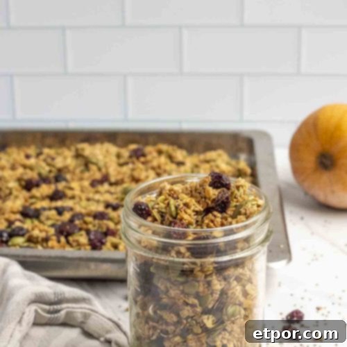 a jar of pumpkin granola with dried cranberries in a mason jar on a marble countertop with oats, chia seeds, and cranberries surrounding the jar. A pan of more granola and a pumpkin is in the background