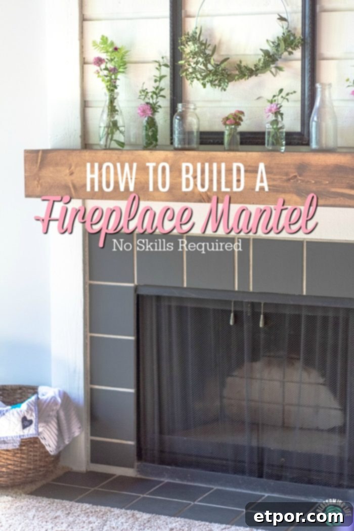 Stained DIY fireplace mantel with glass bottles on top, showcasing a beautiful custom wood shelf