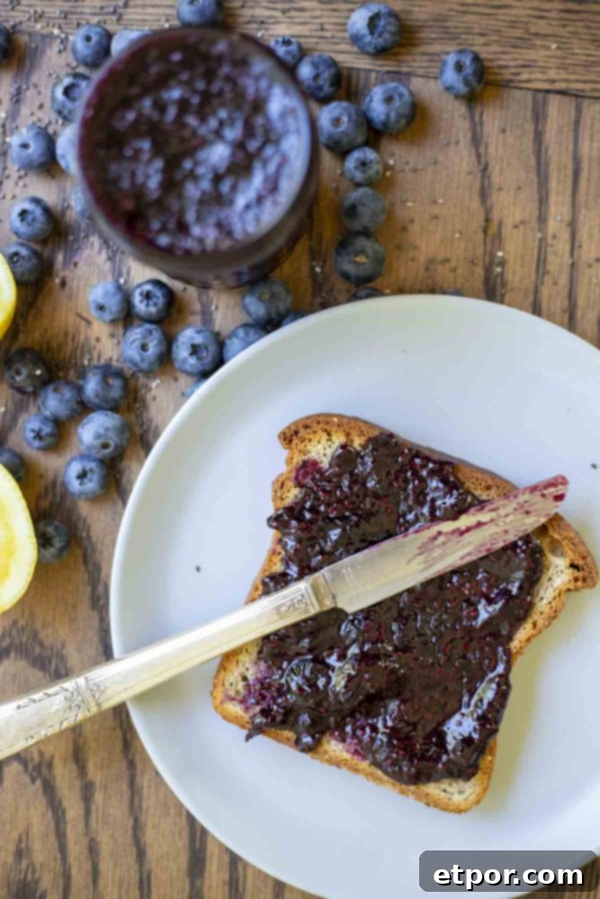 toast smothered with blueberry chia jam with a knife laying on the toast on a white plate. Blueberries and more jam surround the plate
