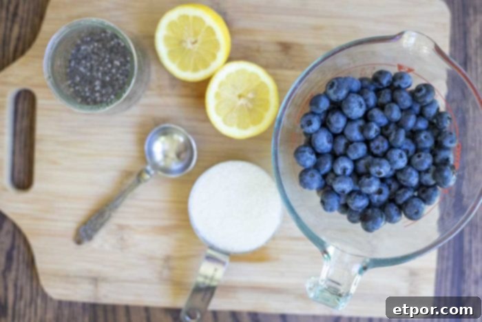 overhead photo of blueberries in a measuring up, sugar in a measuring up, sliced lemons, and a jar of chia seeds on a cutting board