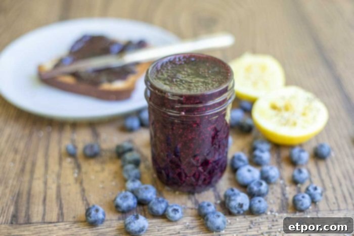 jar of blueberry freezer jam on a wood table with fresh blueberries and sliced lemons surrounding the jar. A plate of toast smothered in jam is in the background