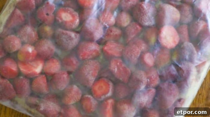 A clear plastic freezer bag filled with perfectly frozen, individually separated strawberries, ready for long-term storage.