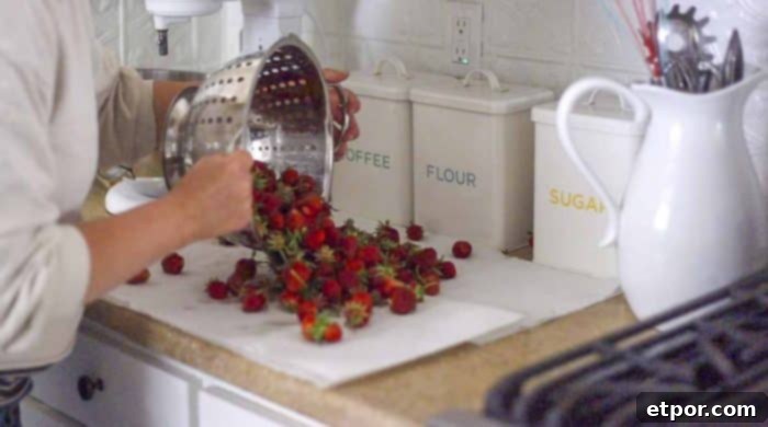 Clean strawberries being poured from a colander onto a countertop covered with absorbent paper towels, ready for drying.