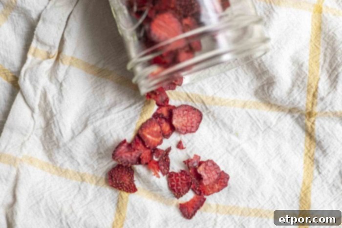 Mastering Homemade Dehydrated Strawberries 12 dried strawberries spilled out of a mason jar on a white and yellow towel