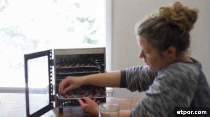 Mastering Homemade Dehydrated Strawberries 10 woman peeling strawberries off the dehydrate pan