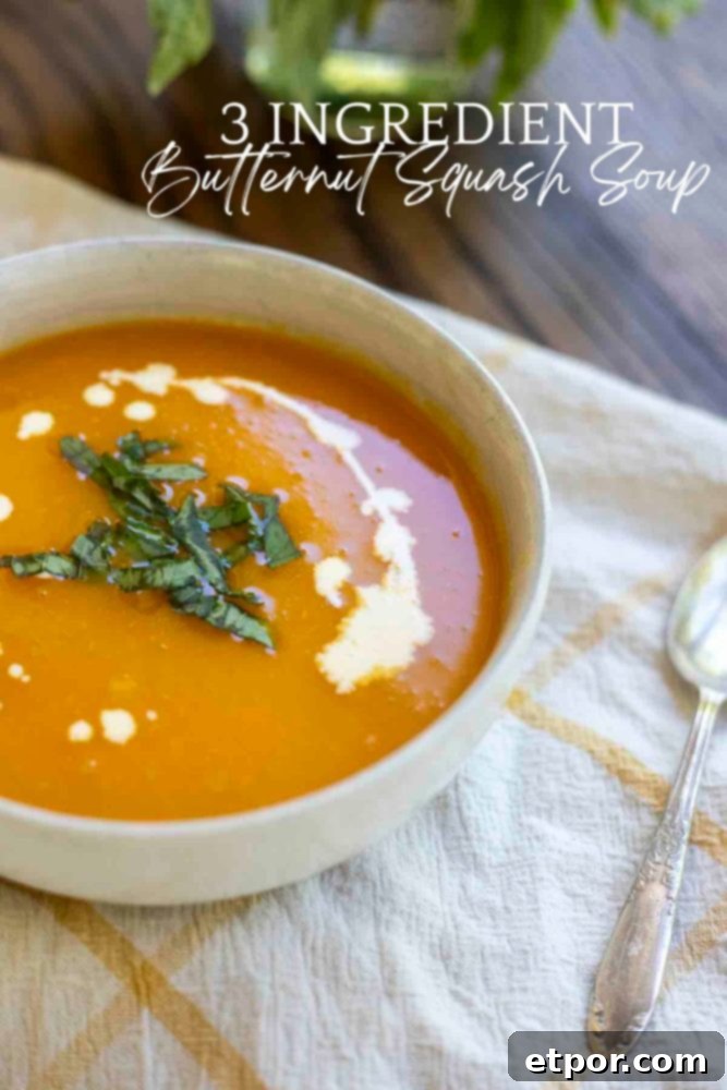 A bowl of creamy butternut squash soup, garnished with a swirl of cream and fresh basil, resting on a yellow and white checkered towel on a rustic wooden countertop. The golden hue of the soup suggests warmth and rich flavor.