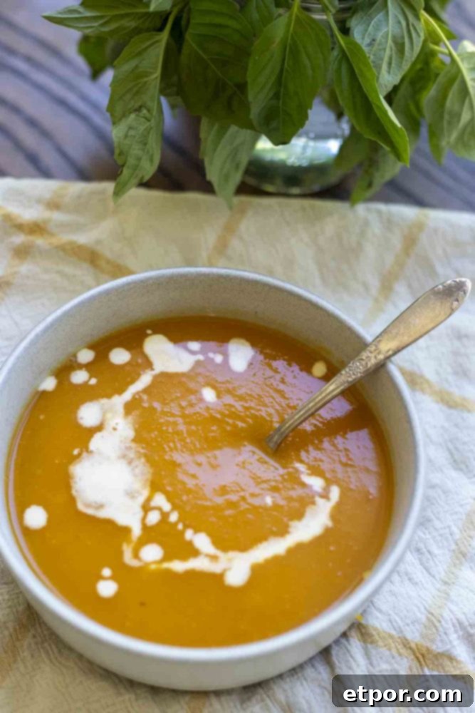A close-up of a bowl of creamy butternut squash soup, garnished with a cream swirl and a spoon, sitting on a white and yellow checkered towel. Fresh basil sprigs blur in the background.