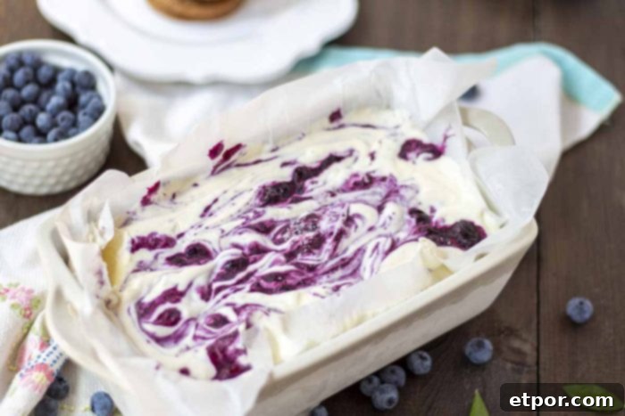 Velvety No-Churn Blueberry Cheesecake Ice Cream 4 A loaf pan filled with creamy cheesecake ice cream, generously swirled with vibrant blueberry sauce. Fresh, ripe blueberries are sprinkled artfully around the pan on a light surface.