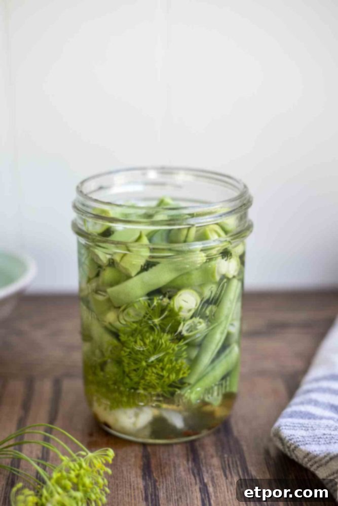 a open jar of pickled green beans with fresh dill, garlic, and red pepper flakes on a wood table. Fresh dill is in front of the jar