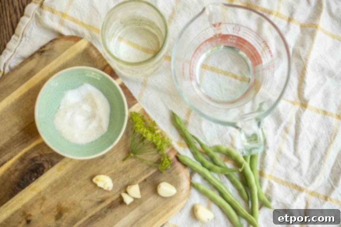 containers or vinegar, water, salt and sugar, and green beans, garlic and dill on a cutting board