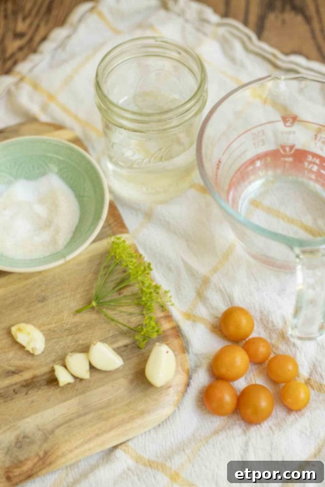 cherry tomatoes, garlic, dill, glass jars of vinegar and water, and a teal bowl of salt and sugar are on white and yellow towel
