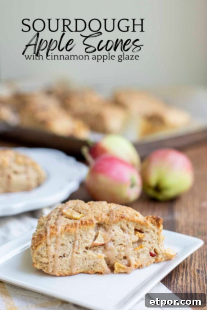A beautifully glazed sourdough apple scone on a white plate, with more scones and fresh apples blurred in the background, evoking a cozy autumn scene.