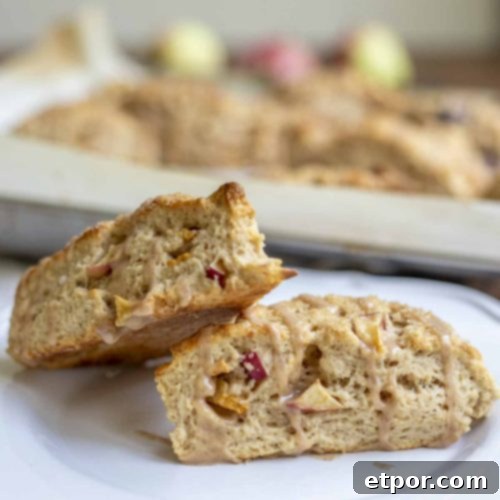 Two golden-brown sourdough apple scones stacked elegantly on a white plate, with a baking sheet filled with more delicious scones in soft focus behind them.